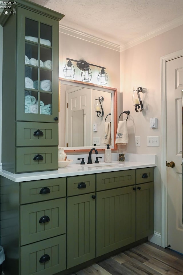 423 Leisure Dr, Huron, OH 44839 - bathroom with ornamental molding, wood finished floors, vanity, and a textured ceiling