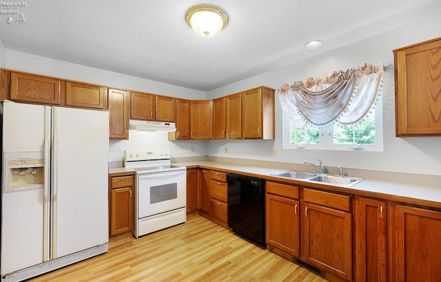 408 Forest St, Lagrange, OH 44050 - kitchen featuring white appliances, under cabinet range hood, light countertops, and light wood finished floors