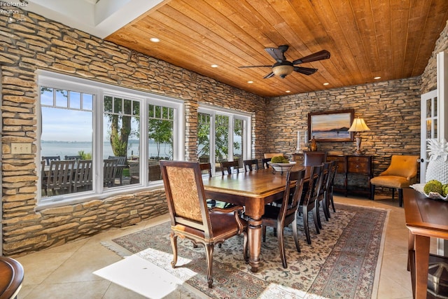 1115 Cedar Point Rd, Sandusky, OH 44870 - dining space with wooden ceiling, recessed lighting, tile patterned flooring, and ceiling fan