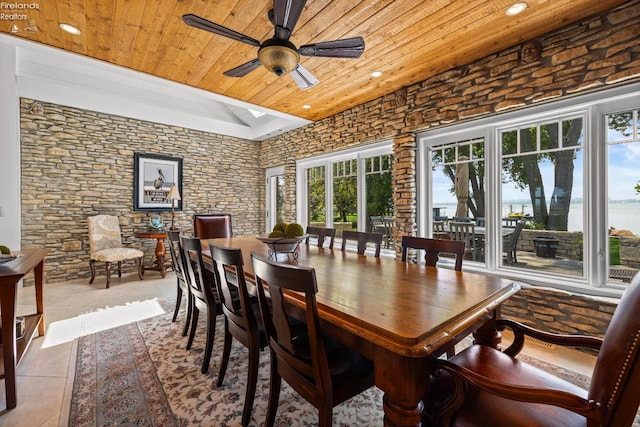 1115 Cedar Point Rd, Sandusky, OH 44870 - tiled dining room featuring wood ceiling, a ceiling fan, and recessed lighting