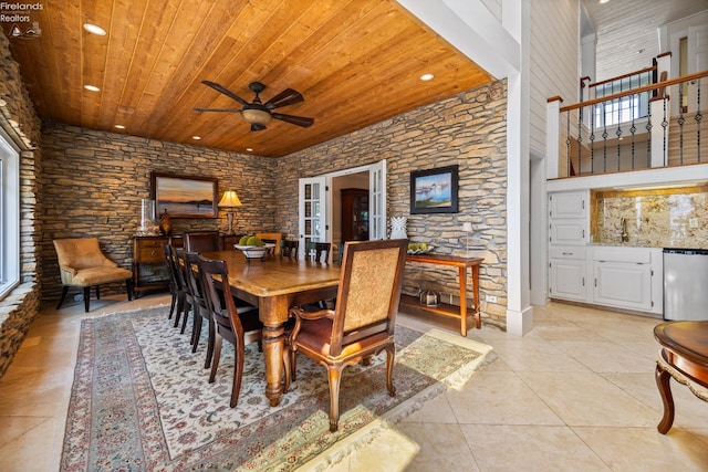 1115 Cedar Point Rd, Sandusky, OH 44870 - dining area with wooden ceiling, light tile patterned floors, recessed lighting, and ceiling fan