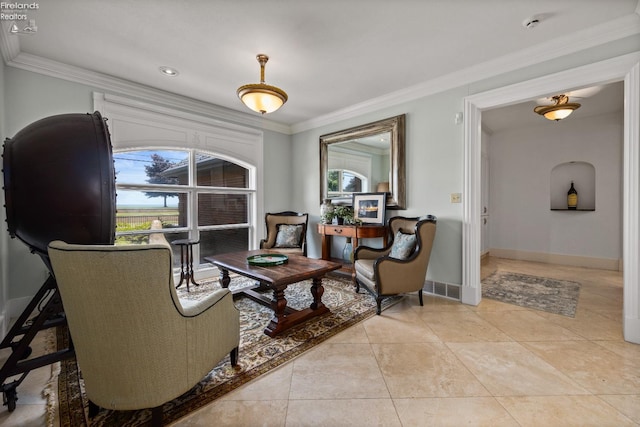 1115 Cedar Point Rd, Sandusky, OH 44870 - living area with healthy amount of natural light, ornamental molding, and light tile patterned floors