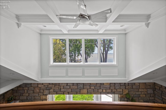 1115 Cedar Point Rd, Sandusky, OH 44870 - detailed view of coffered ceiling, beam ceiling, a ceiling fan, and ornamental molding