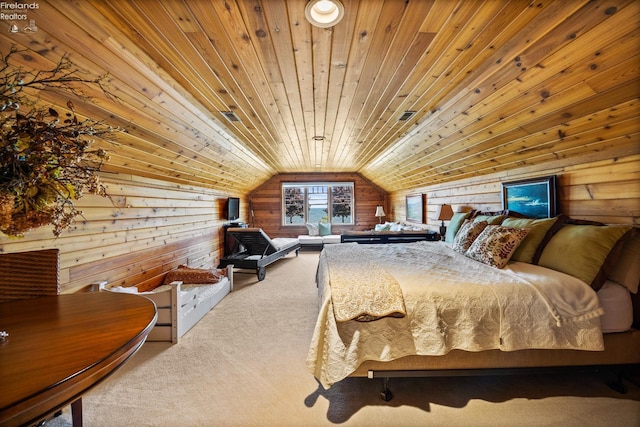 1115 Cedar Point Rd, Sandusky, OH 44870 - bedroom featuring wood walls, carpet flooring, lofted ceiling, and wood ceiling
