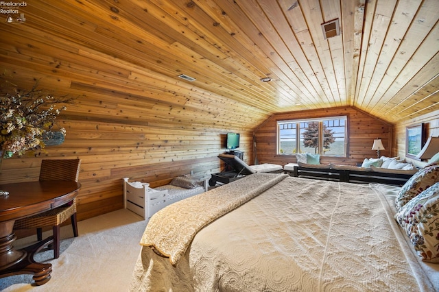 1115 Cedar Point Rd, Sandusky, OH 44870 - bedroom with wooden walls, carpet floors, lofted ceiling, and wood ceiling