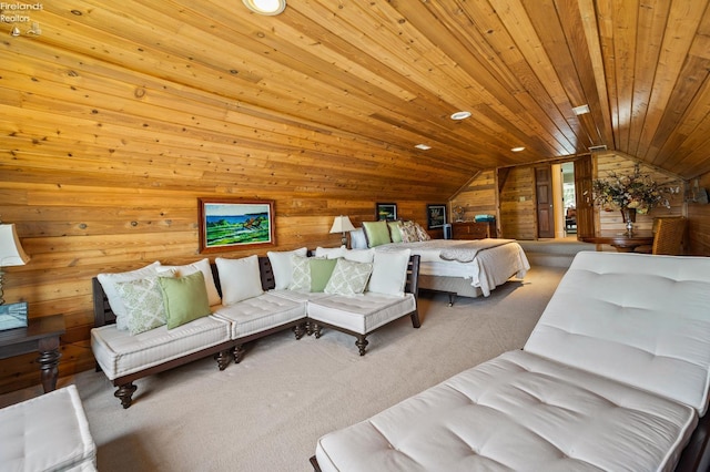 1115 Cedar Point Rd, Sandusky, OH 44870 - carpeted bedroom featuring wood walls, wooden ceiling, and lofted ceiling