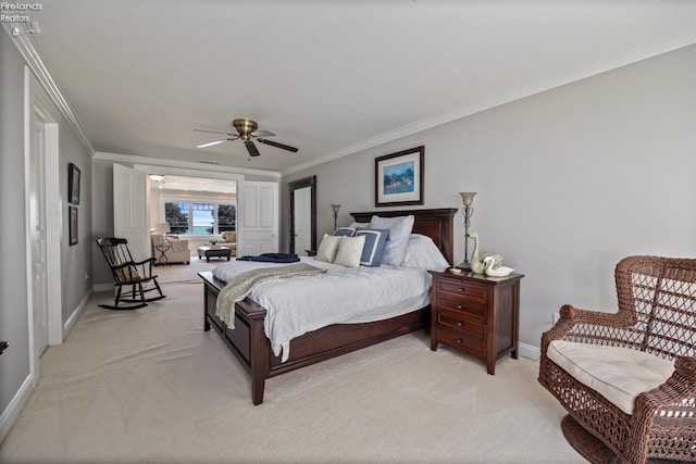 1115 Cedar Point Rd, Sandusky, OH 44870 - bedroom featuring light carpet, crown molding, and a ceiling fan