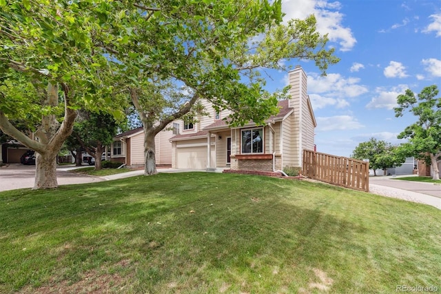 693 Delwood Ct, Highlands Ranch, CO 80126 - view of front of property featuring a chimney, a front lawn, driveway, and an attached garage