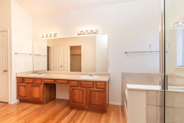 bathroom with wood-type flooring, vanity, and a shower with shower door