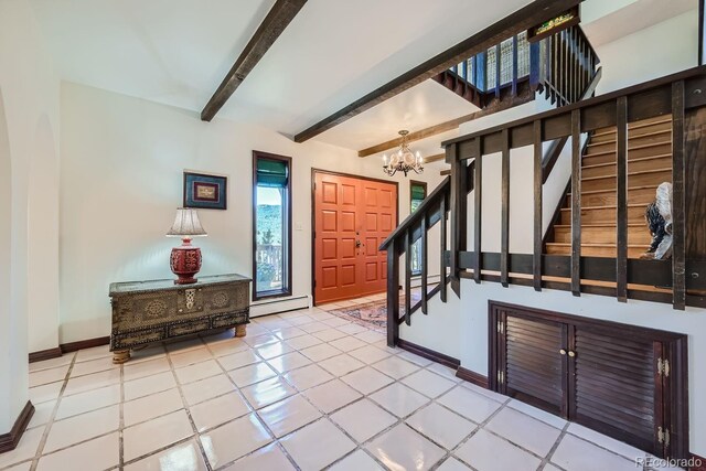 tiled foyer featuring a baseboard heating unit, a chandelier, and beamed ceiling