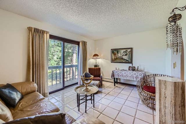 living room with a textured ceiling and light tile patterned flooring