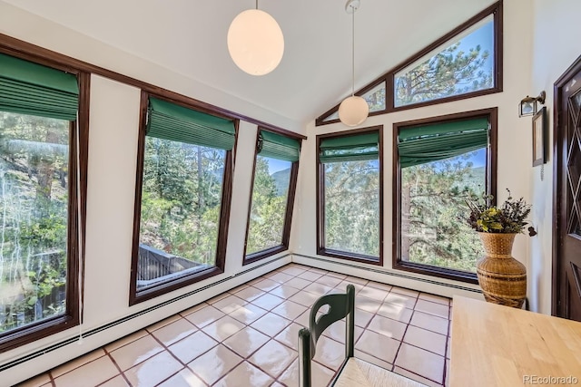 sunroom / solarium featuring vaulted ceiling and a baseboard heating unit