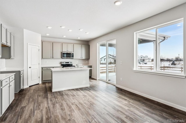 kitchen featuring sink, appliances with stainless steel finishes, gray cabinetry, a kitchen island with sink, and dark hardwood / wood-style floors