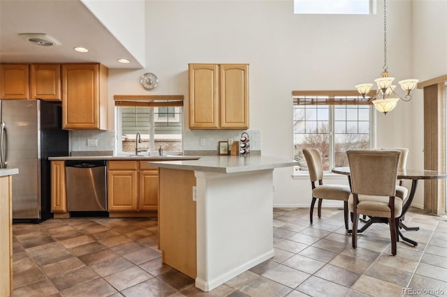 kitchen featuring tasteful backsplash, a notable chandelier, plenty of natural light, appliances with stainless steel finishes, and a sink