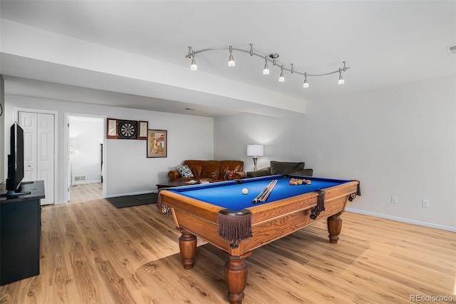 403 Captains Ct, Fort Collins, CO 80524 - game room with light wood-type flooring, billiards, baseboards, and rail lighting