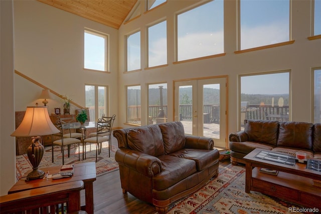 living room with hardwood / wood-style flooring, a wealth of natural light, high vaulted ceiling, and wooden ceiling