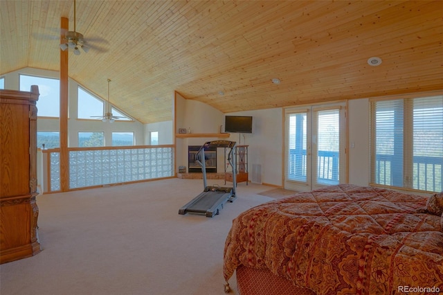 bedroom featuring carpet floors, wooden ceiling, ceiling fan, and vaulted ceiling