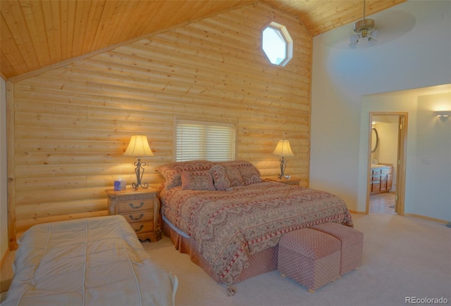 carpeted bedroom with wooden ceiling, high vaulted ceiling, ceiling fan, and rustic walls