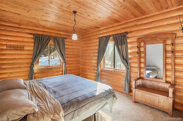 carpeted bedroom with wood ceiling and log walls