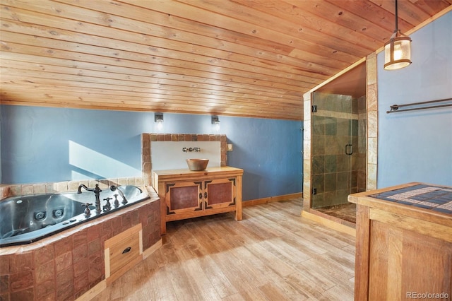 bathroom featuring hardwood / wood-style floors, vaulted ceiling, wooden ceiling, and independent shower and bath