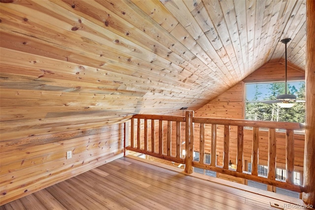 bonus room featuring hardwood / wood-style flooring, vaulted ceiling, wooden ceiling, and wood walls