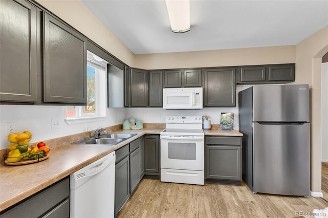 835 Juliana Ct, Canon City, CO 81212 - kitchen with light wood finished floors, light countertops, a sink, and white appliances