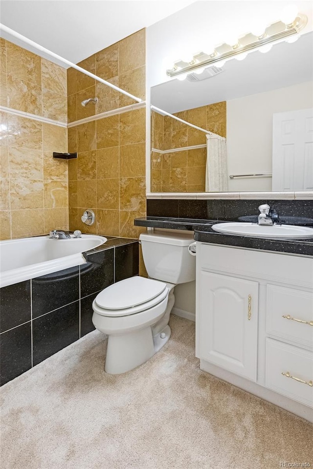 full bathroom featuring toilet, shower / tub combo, and vanity