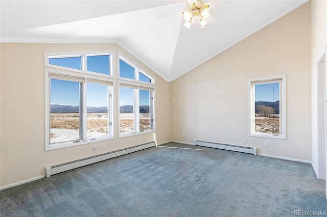20155 Hideout Ln, Nathrop, CO 81236 - carpeted empty room featuring a baseboard radiator, lofted ceiling, crown molding, ceiling fan, and a mountain view