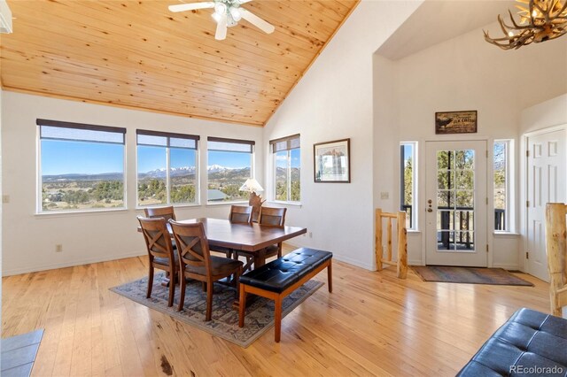 249 Valle Escondido Dr, Durango, CO 81303 - dining area featuring light wood finished floors, a wealth of natural light, baseboards, and high vaulted ceiling
