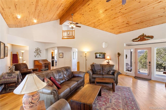 249 Valle Escondido Dr, Durango, CO 81303 - living area with wooden ceiling, ceiling fan, arched walkways, beamed ceiling, and light wood-style floors