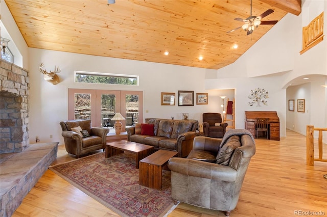 249 Valle Escondido Dr, Durango, CO 81303 - living room with wooden ceiling, light wood finished floors, ceiling fan, high vaulted ceiling, and arched walkways