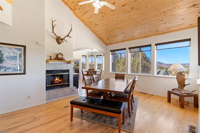 249 Valle Escondido Dr, Durango, CO 81303 - dining space featuring a fireplace, light wood-style flooring, arched walkways, and high vaulted ceiling