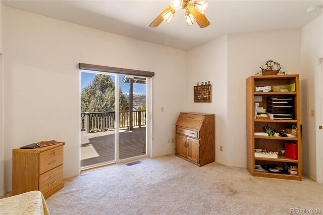 249 Valle Escondido Dr, Durango, CO 81303 - doorway featuring a ceiling fan, light carpet, and visible vents