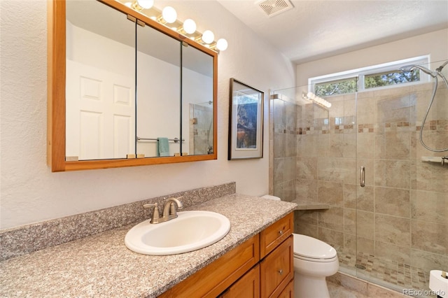 249 Valle Escondido Dr, Durango, CO 81303 - bathroom with vanity, toilet, visible vents, and a stall shower