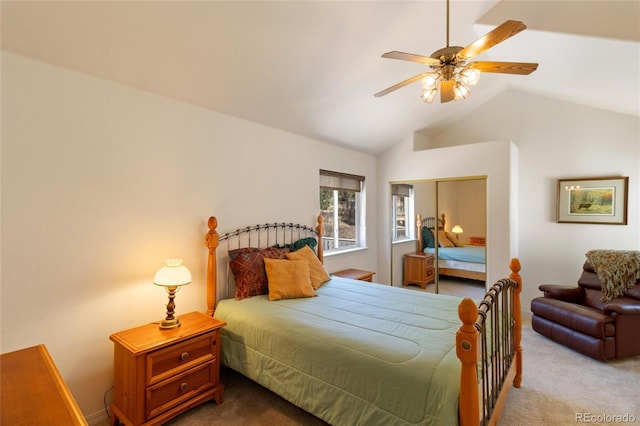 249 Valle Escondido Dr, Durango, CO 81303 - carpeted bedroom with ceiling fan, lofted ceiling, and a closet