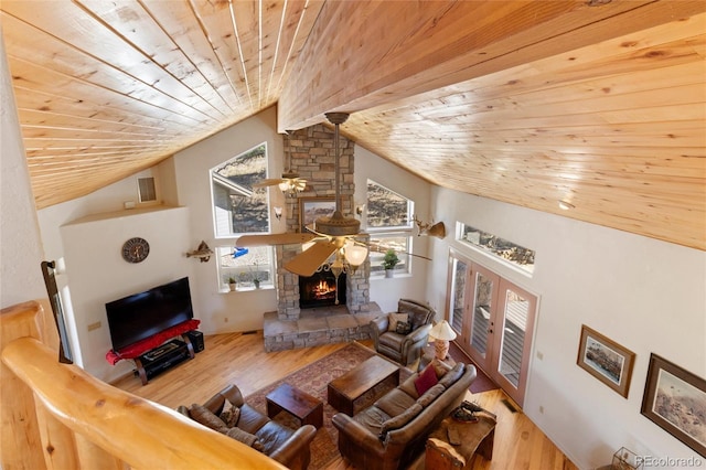 249 Valle Escondido Dr, Durango, CO 81303 - living room featuring a ceiling fan, wood finished floors, wood ceiling, and vaulted ceiling