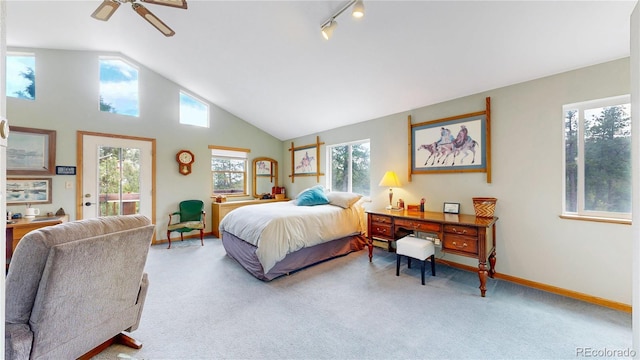 2545 N State Highway 67, Sedalia, CO 80135 - bedroom with lofted ceiling, baseboards, carpet, access to outside, and rail lighting