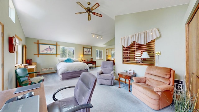 2545 N State Highway 67, Sedalia, CO 80135 - bedroom featuring lofted ceiling, carpet flooring, and rail lighting