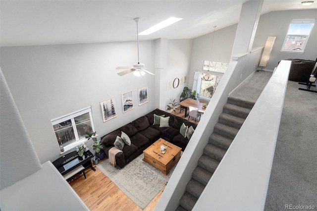carpeted living room featuring high vaulted ceiling, wood finished floors, and ceiling fan with notable chandelier