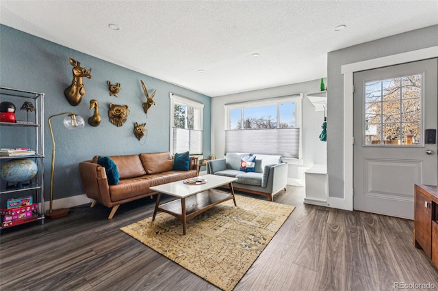 living area with a textured ceiling, wood finished floors, and baseboards