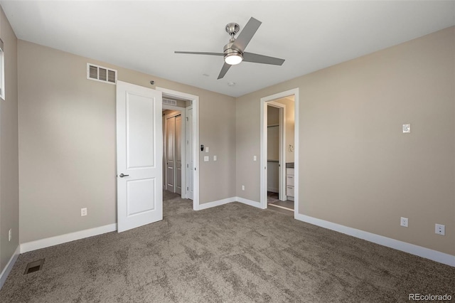 unfurnished bedroom with a closet, carpet flooring, and ceiling fan