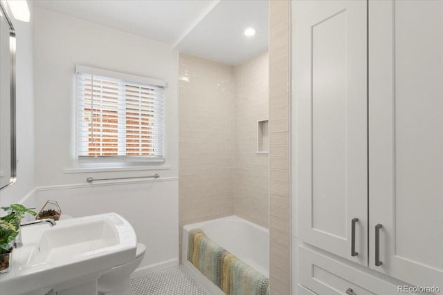 3739 W 46th Ave, Denver, CO 80211 - full bathroom with toilet, shower / washtub combination, a sink, recessed lighting, and tile patterned floors