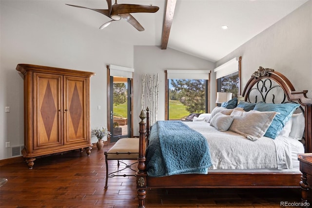 bedroom with access to exterior, dark wood finished floors, and a ceiling fan