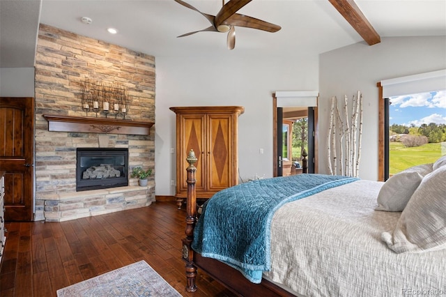 bedroom featuring access to outside, wood-type flooring, a fireplace, recessed lighting, and ceiling fan