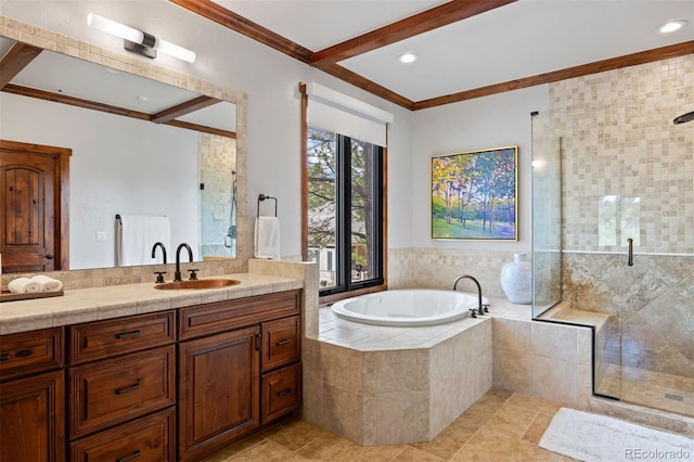 full bathroom with a bath, ornamental molding, a stall shower, tile patterned flooring, and vanity