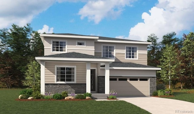 view of front of home with driveway, stone siding, a garage, and a front yard