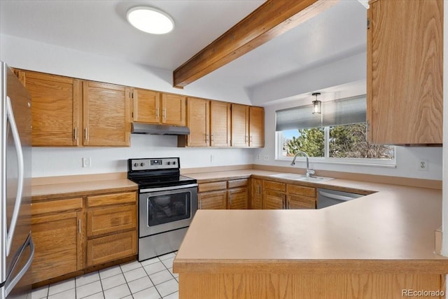 kitchen featuring beamed ceiling, under cabinet range hood, a sink, appliances with stainless steel finishes, and light tile patterned floors