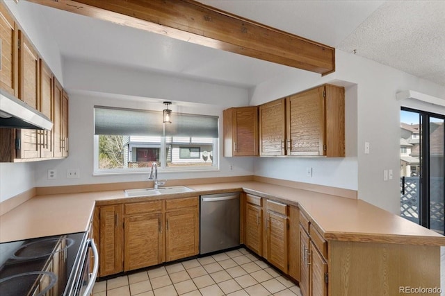 kitchen with a peninsula, a sink, light countertops, stainless steel dishwasher, and wall chimney range hood