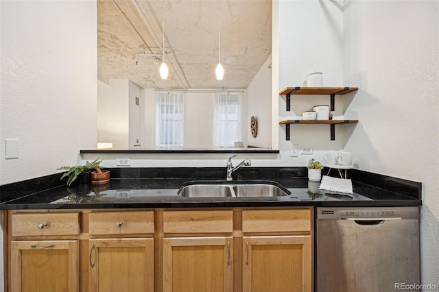 kitchen featuring a sink, open shelves, dark stone counters, and dishwasher