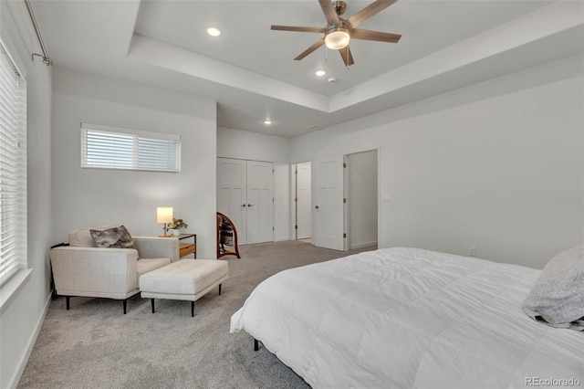 5714 Villa Lorenzo Dr, Colorado Springs, CO 80919 - bedroom with carpet floors, recessed lighting, a ceiling fan, and a raised ceiling